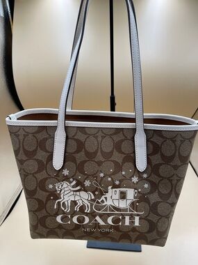 Coach Brown Canvas Tote with White Trim and Festive Coach Carriage Print
